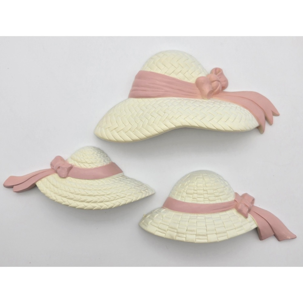 Burwood 1998 USA Wall Plaques Set 3 Pink Ribbon Straw Hat Shabby Chic Decor